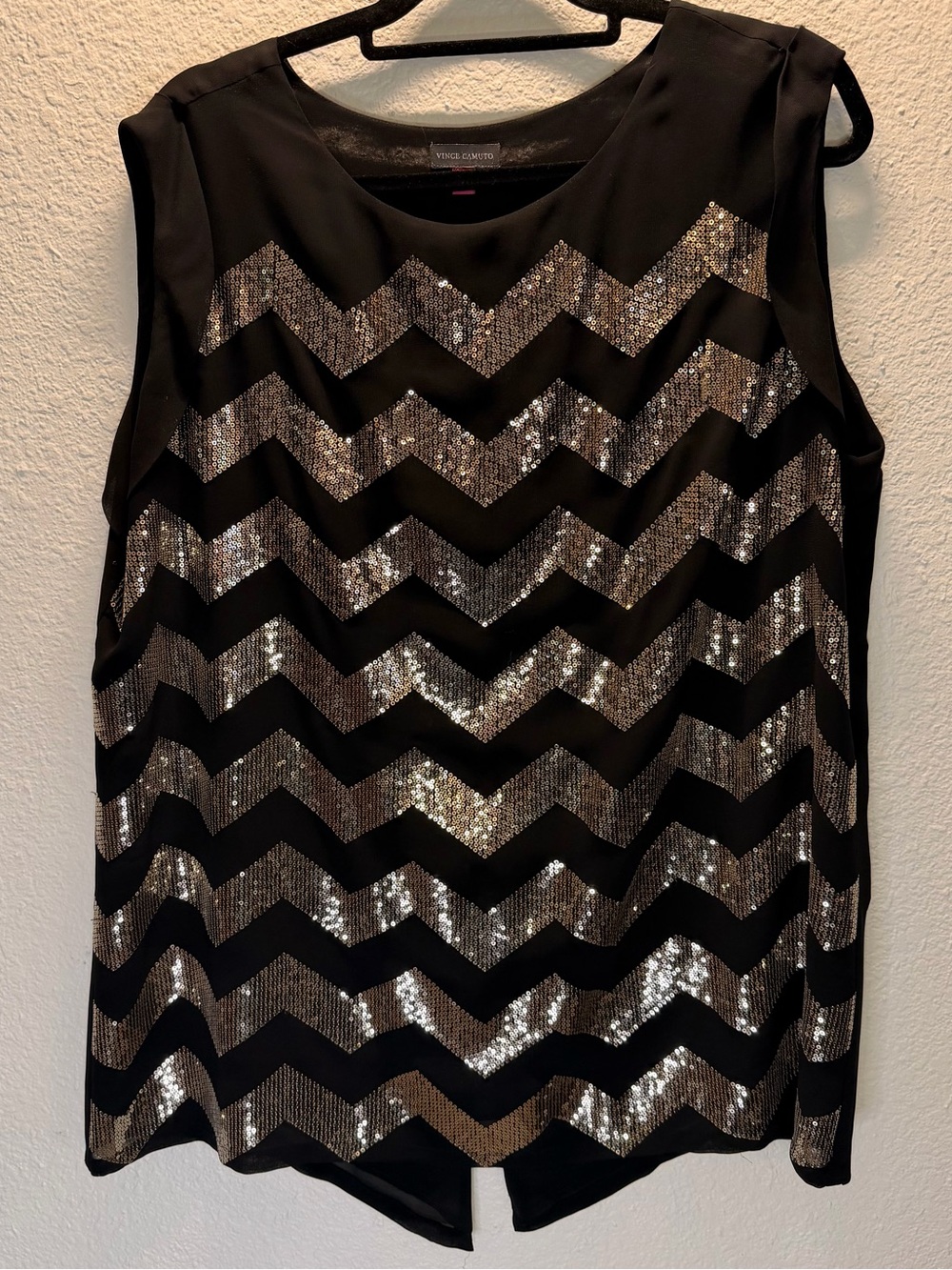 Vince Camuto Black Tank Top with Gold Sequin Chevron Stripes